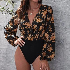 Two Tone Floral Print High Waisted Bodysuit